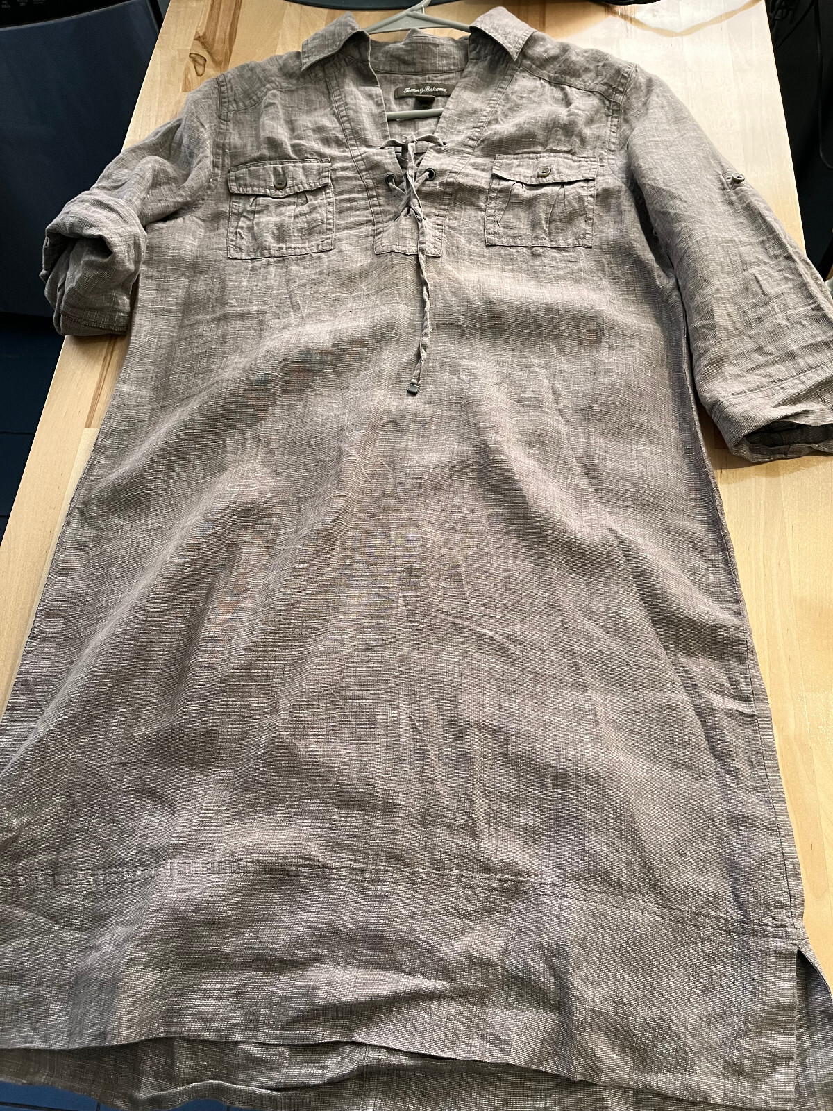 TOMMY BAHAMA Heather Beige Brown 3/4 Sleeve LINEN Dress w/ Lace-up Neck Womens S