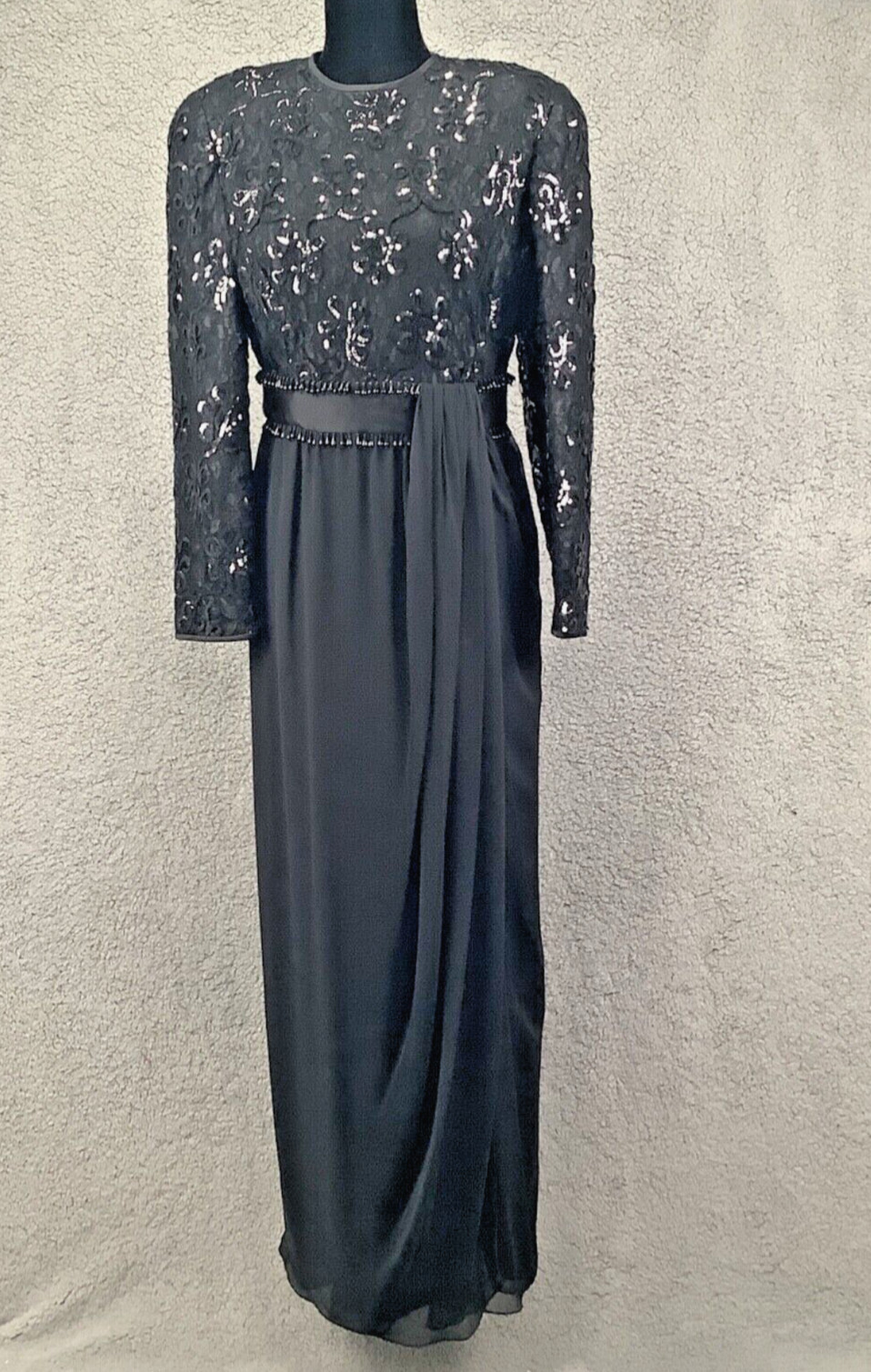 Vintage Gianni D’Alberto Evening Dress Women M Black Layered Beads Sequins