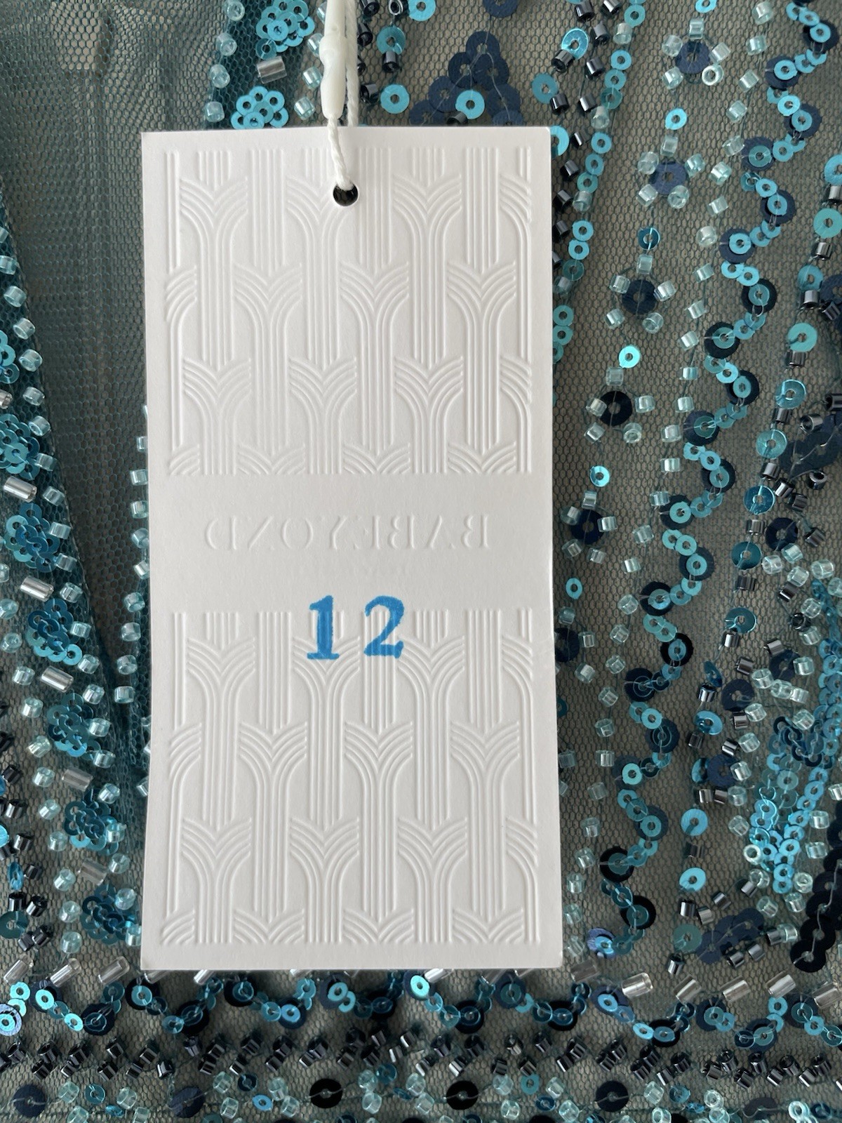BABEYOND Blue/Black Sequin Beaded Mesh Midi Dress V-Neck 3/4 Puff Zip 12