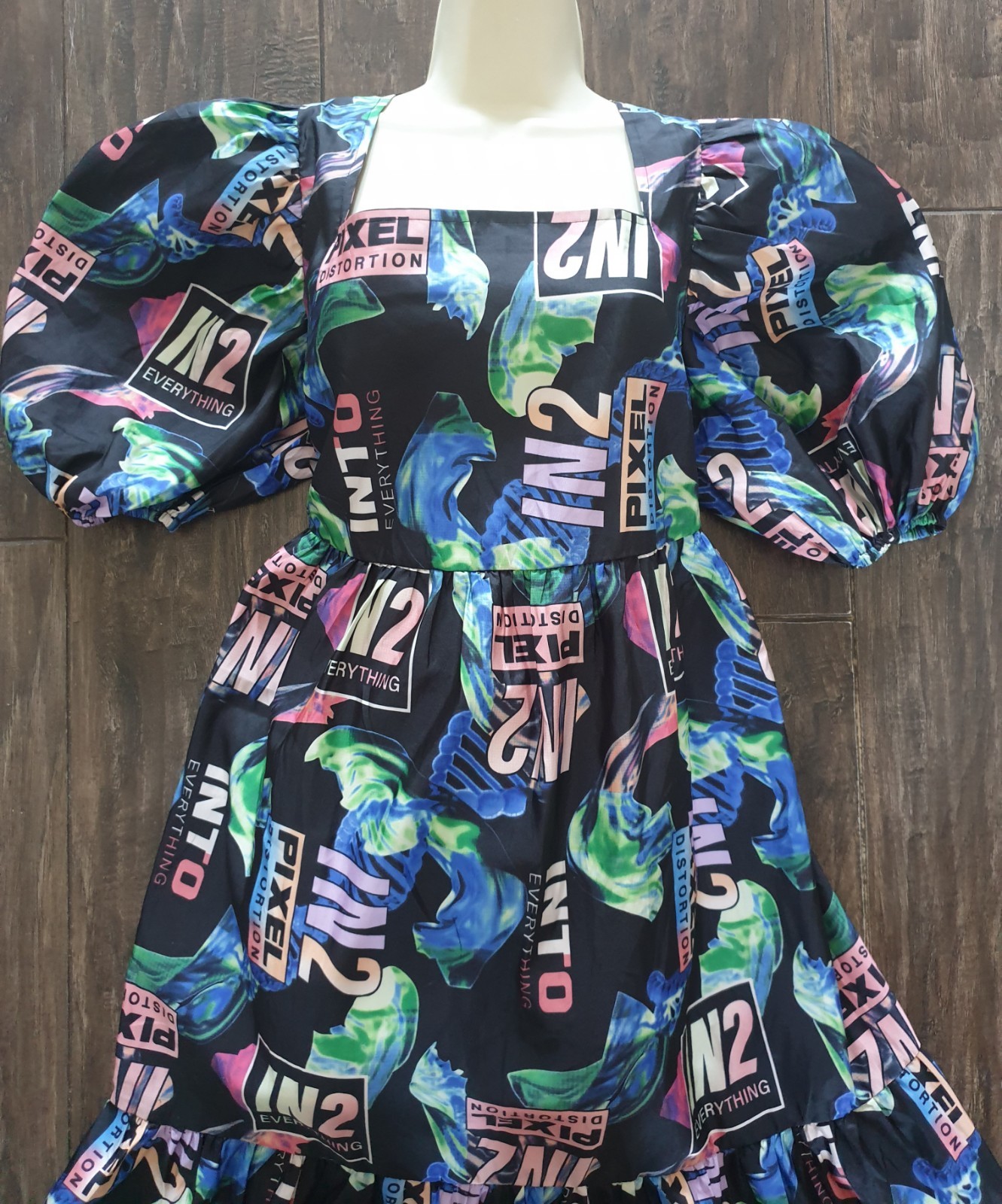 Asos Collusion Graphic Print Urban Puff Sleeves Fit & Flare Skater Dress Size 18