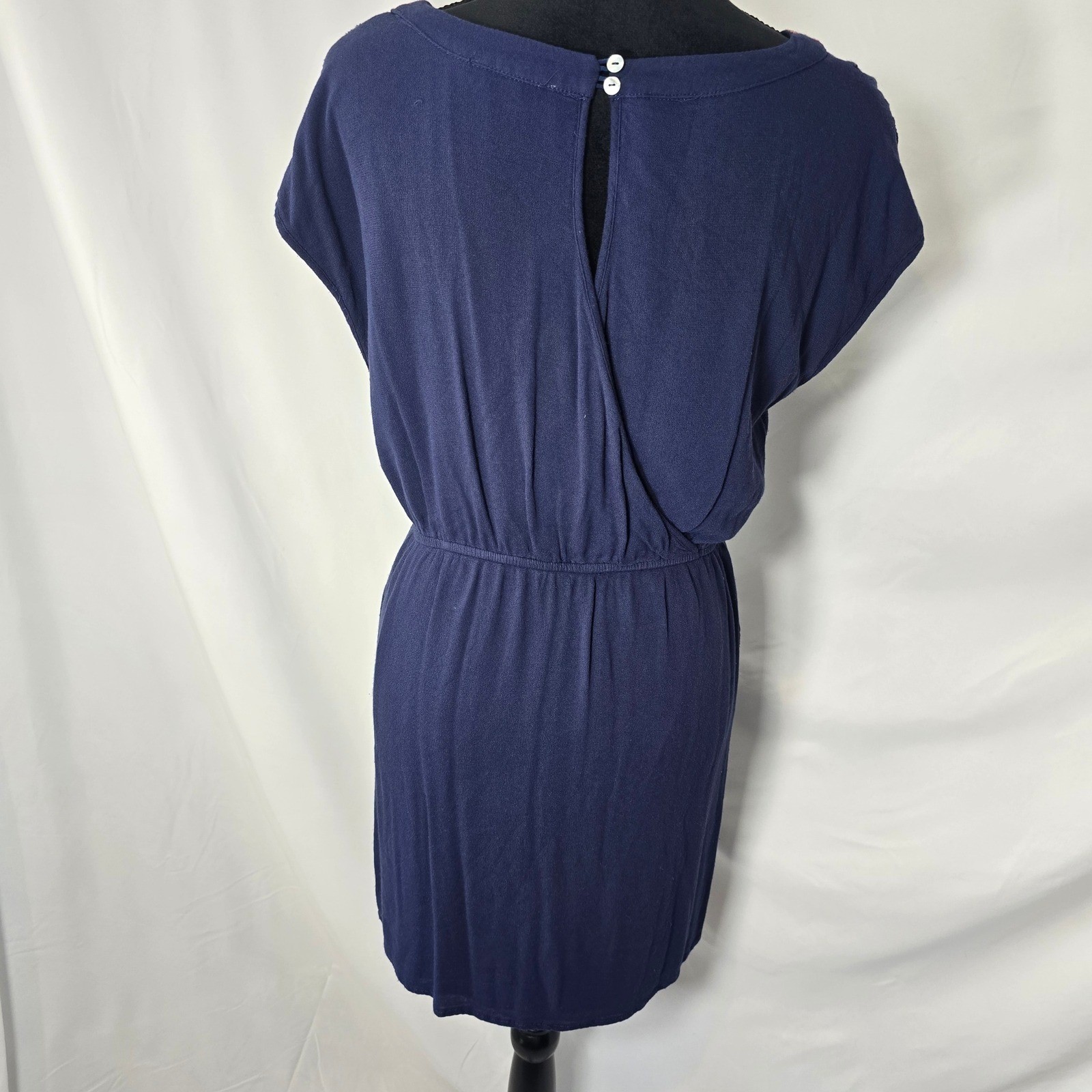 Skies Are Blue Navy Blue Embroidered Boho V-Neck Mini Dress Pockets 93489 Sz Med