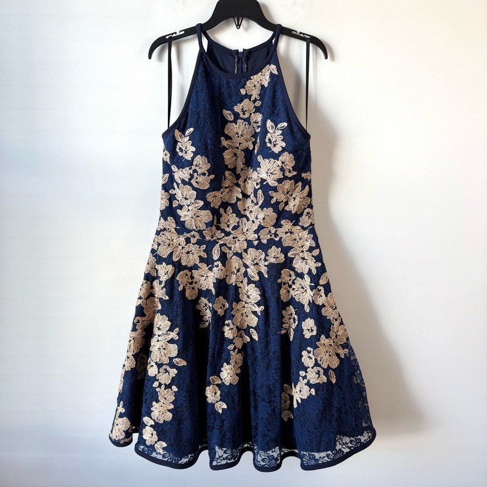 Xscape Floral Embroidered Lace Fit And Flare Dress Navy Blue Gold 12