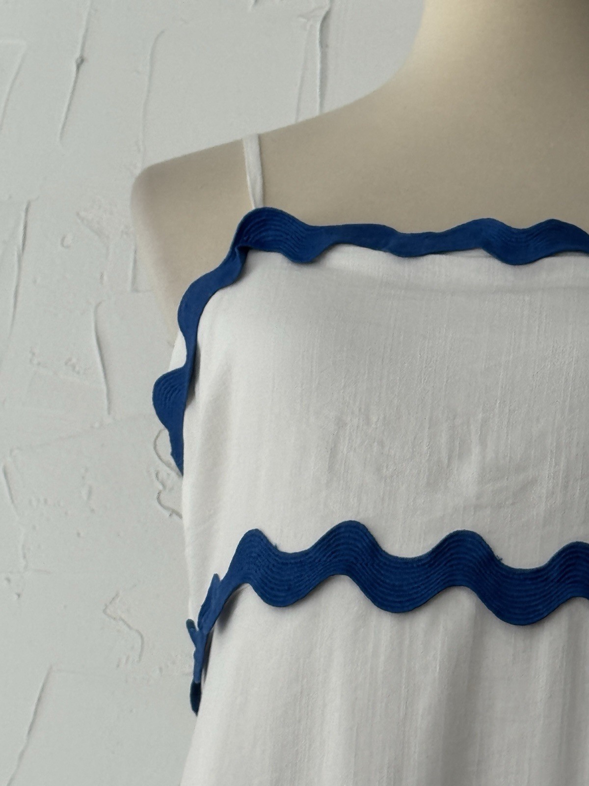Fashion Maxi Sundress (S) Blue Zigzag Trim White Stretch Adjusting Straps Lined