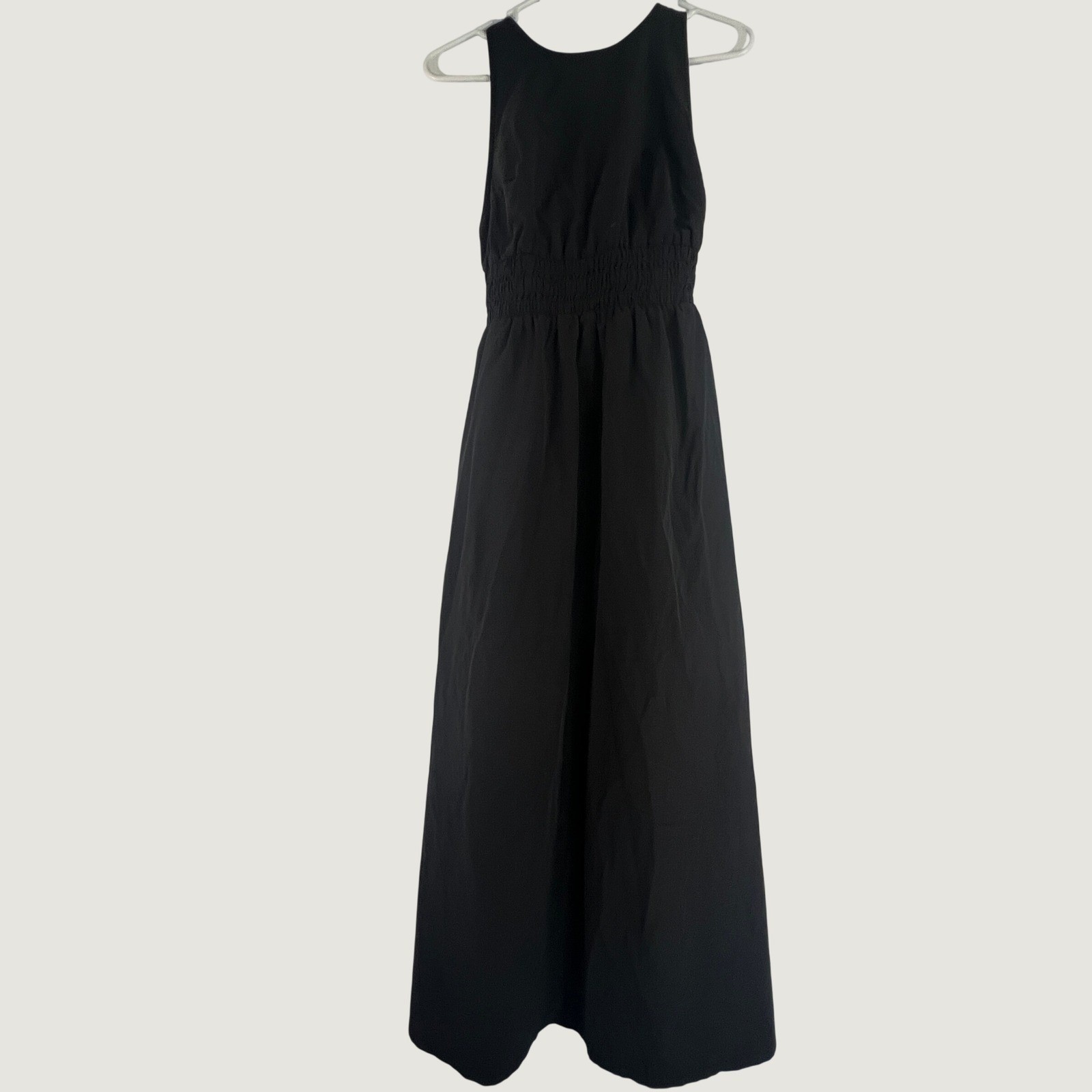 Black Sleeveless Cross Back Smocked Waist Midi Sundress Cotton Blend Sz S