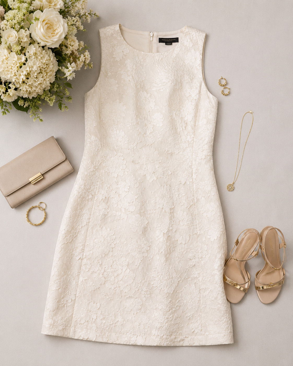 Donna Karan Ivory Floral Jacquard Shift Dress Women Size 10 Occasion Dress