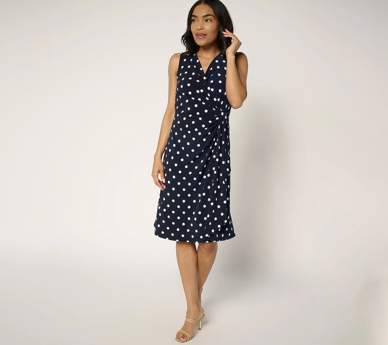 Susan Graver Liquid Knit Faux Wrap Cascade Dress Navy Dot Size XL