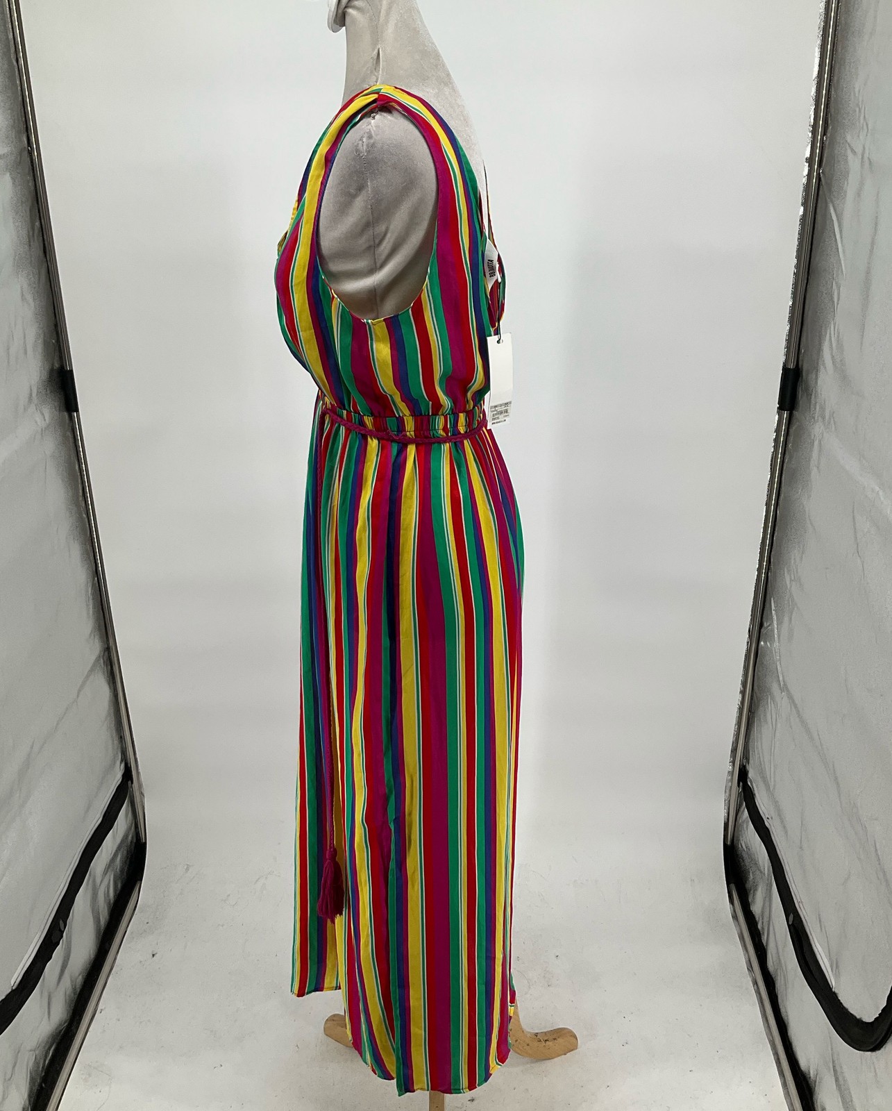 BB Dakota Multicolor Striped V-Neck Keyhole Sleeveless Belted Dress Size S