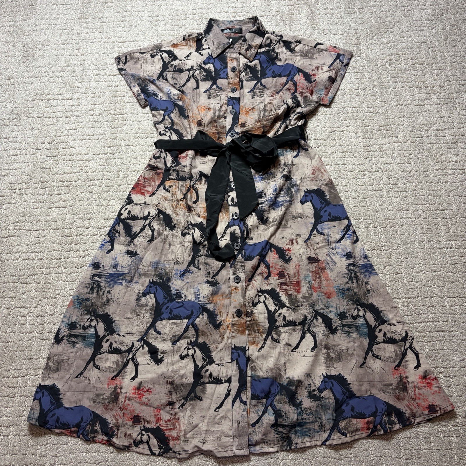 eShakti XS 0 Western Horse Equestrian Style Midi Dress – Earthy Tones Boho Retro