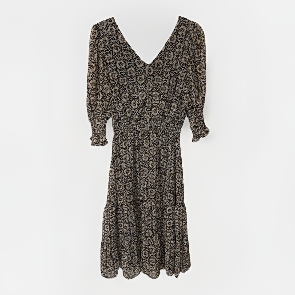 1State Paisley Printed V Neck Ruched Metallic Thread Boho Midi Dress Modest Sz S