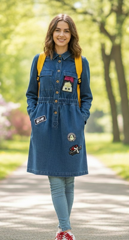 Five Plus Angry Birds Jeans Dress Denim Button Front Midi Utility Dress Size