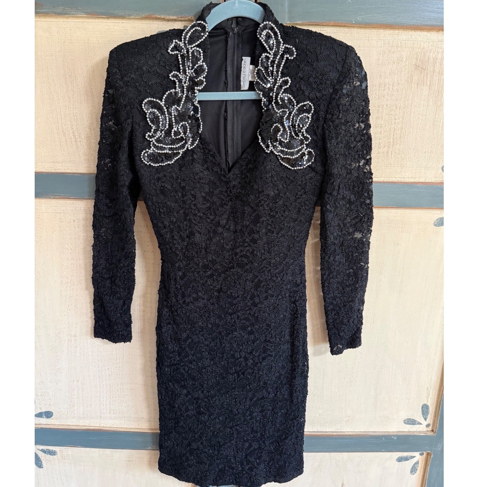 Betsy & Adam Vintage Black Lace Long Sleeve Mini Dress Sequin Pearl Accent 7-8