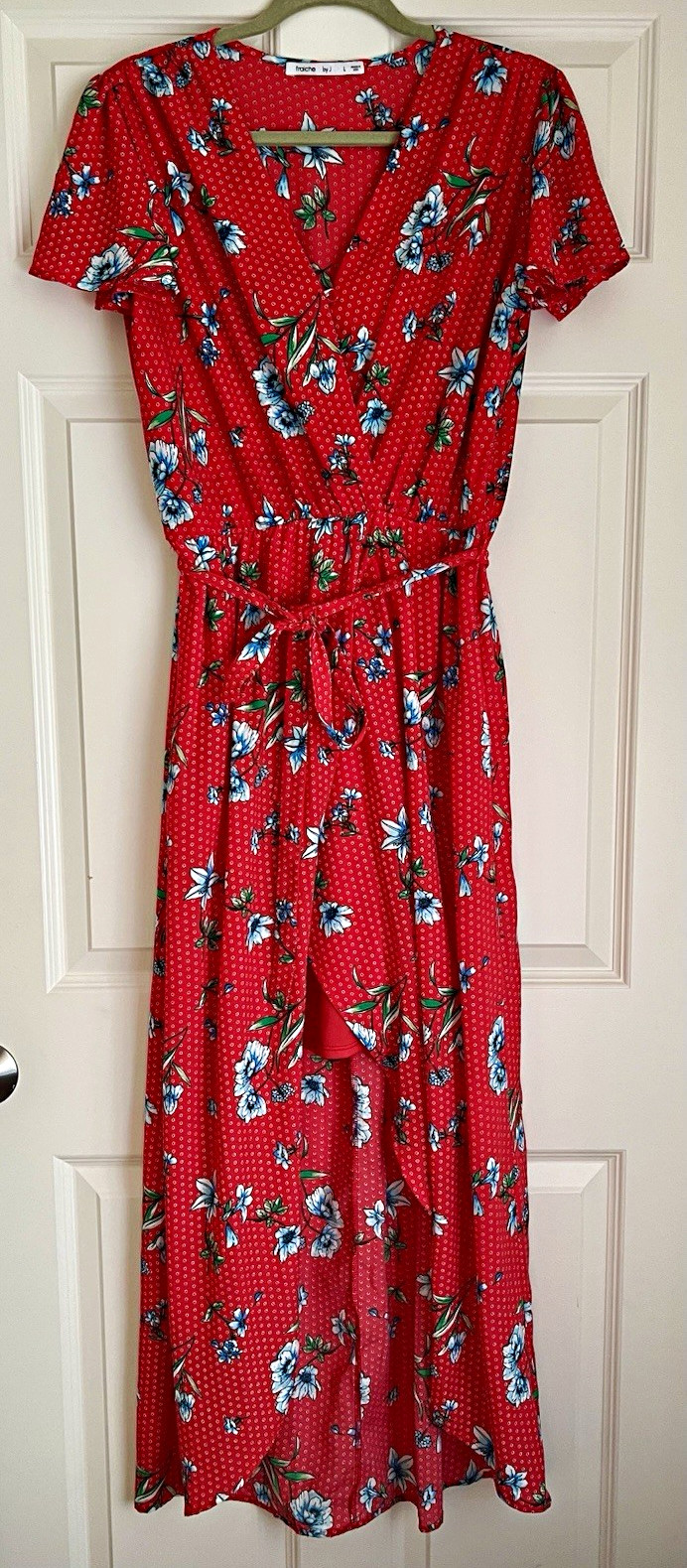 Fraiche by J Red Floral Midi Dress, Short Sleeve V-Neck, Tie Waist, Polyester, L