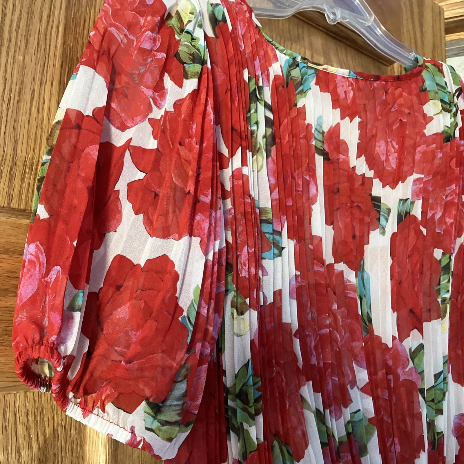 NWT The Kooples Red Floral Roses Pleated Midi Dress Handkerchief Hem Sz 2 PRETTY
