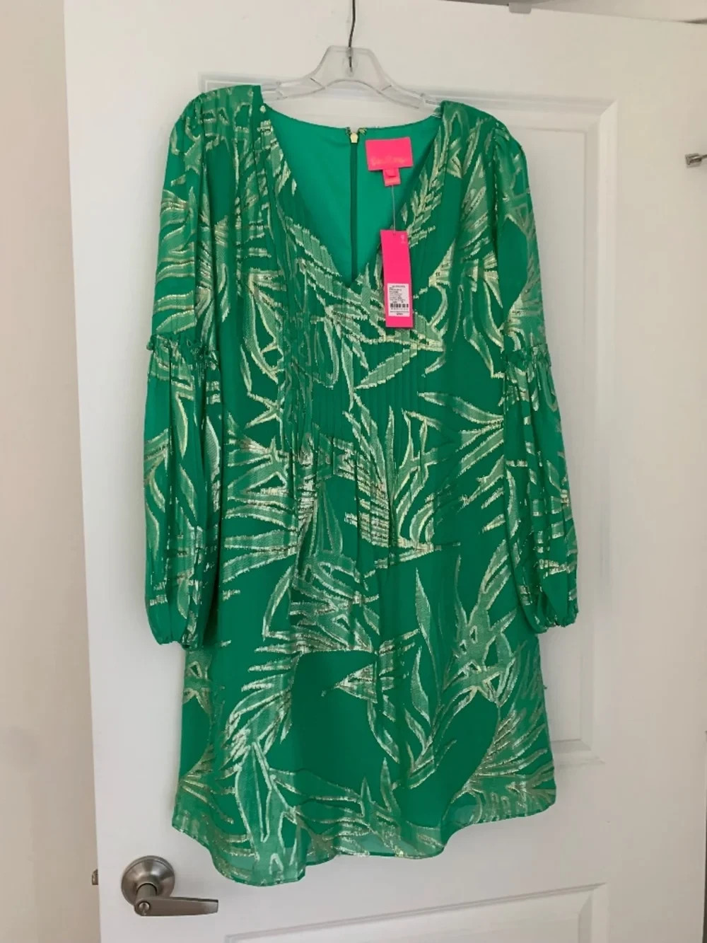 Lilly Pulitzer Green Gold Metallic Palm Leaf Long Sleeve Dress Sz 10 Medium NWT