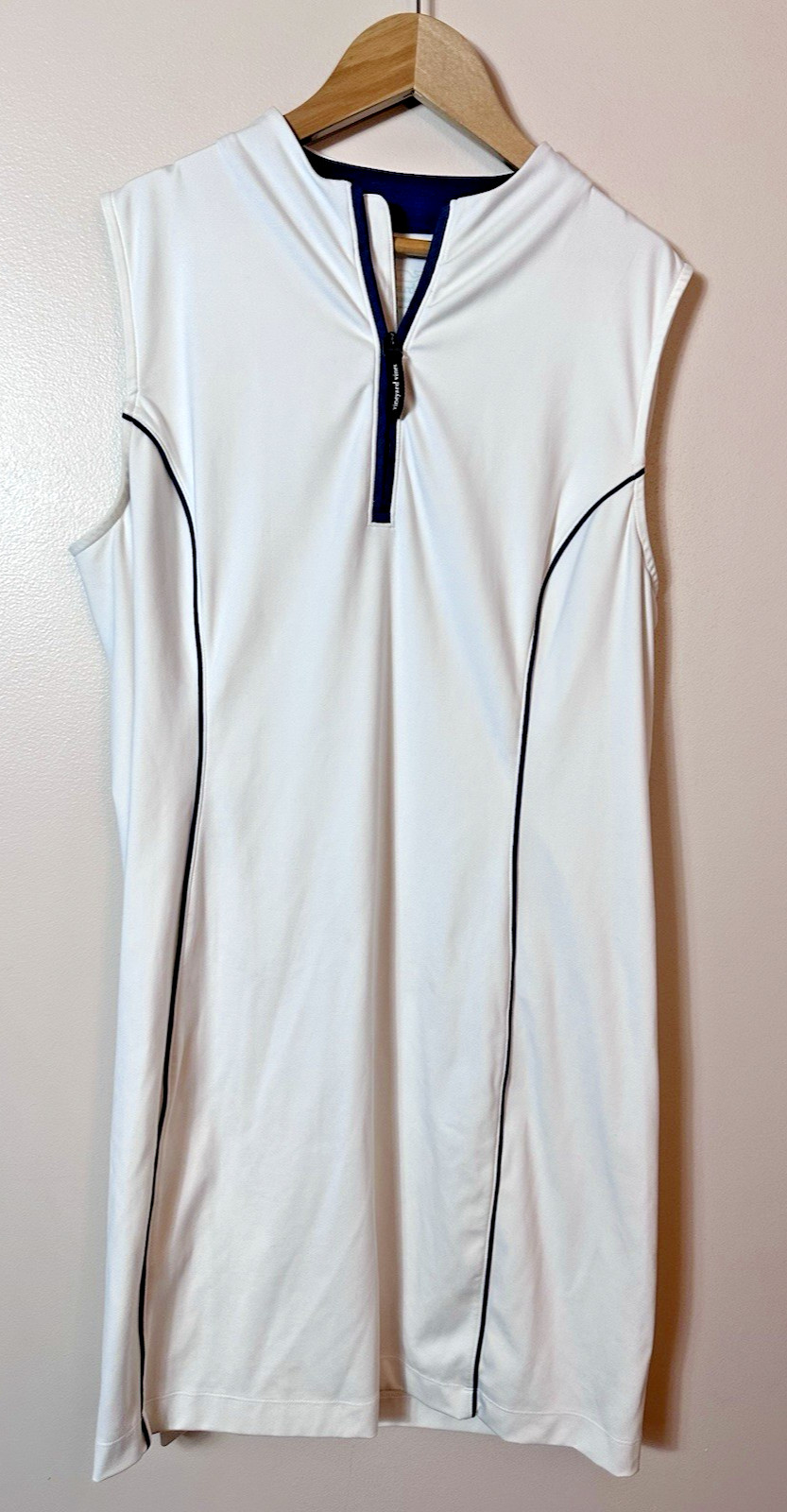 Vineyard Vines Dress Medium White Navy Blue Trim Sleeveless Golf Tennis 1/4 Zip