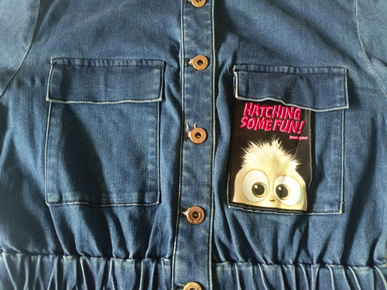 Five Plus Angry Birds Jeans Dress Denim Button Front Midi Utility Dress Size