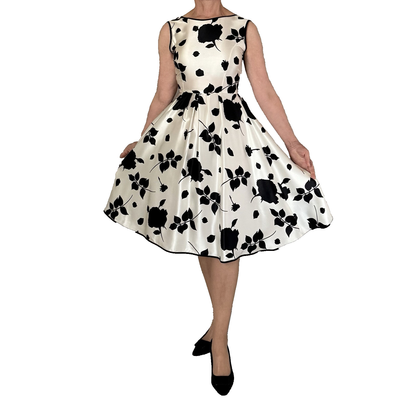 Unique Custom Made 100% Silk Cocktail Party Dress One of a Kind White Black Rose