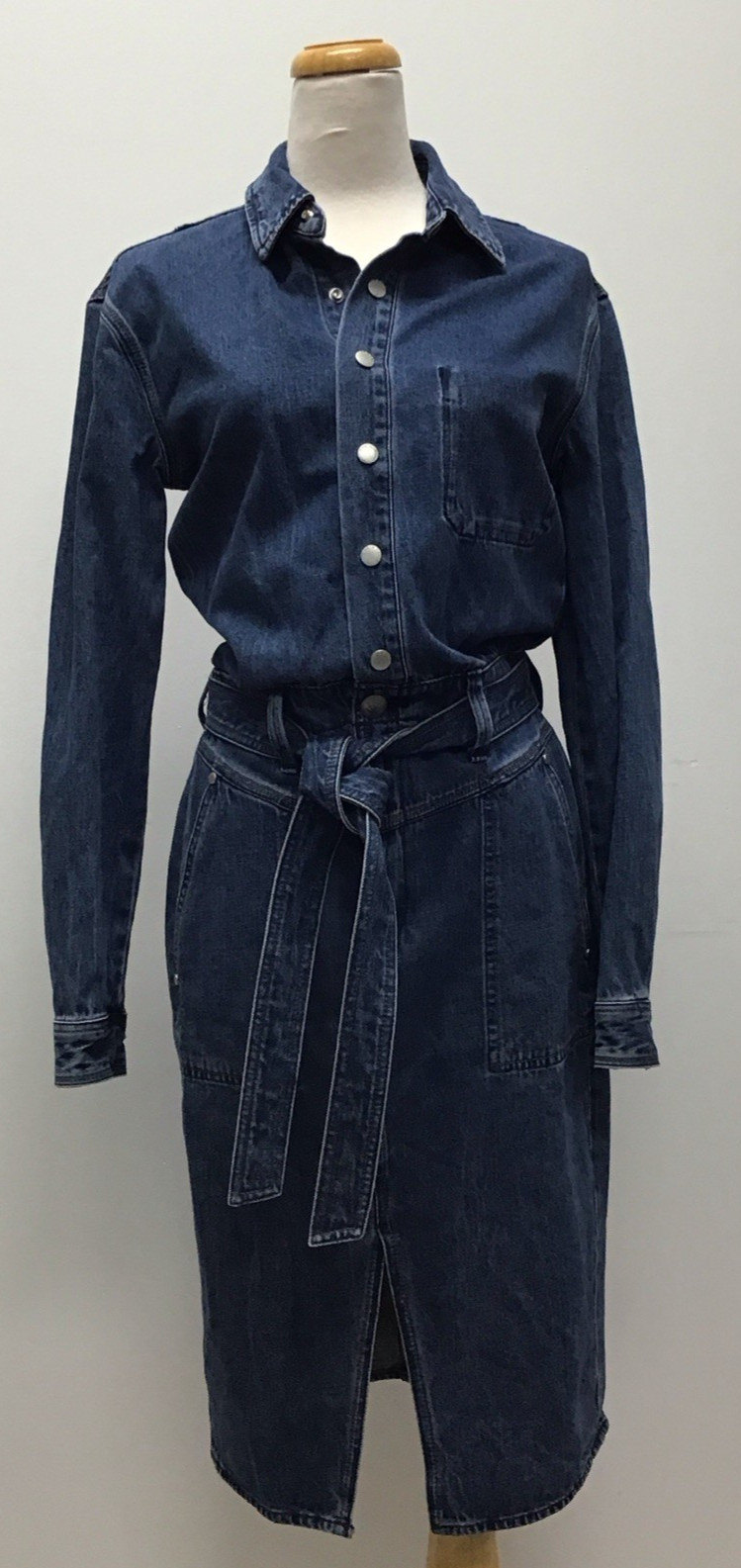 NWT Rag & Bone Mia Belted Midi Jeans Dress in Medium/Dark Wash Blue Size S/P
