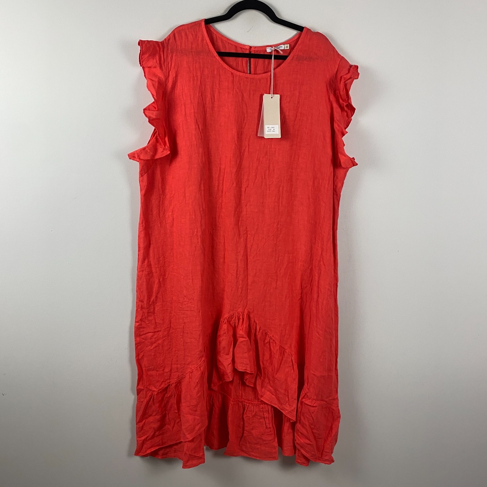 Vanessa Zani Coral Linen Shift Dress Size 2X Ruffle Hi Low Hem