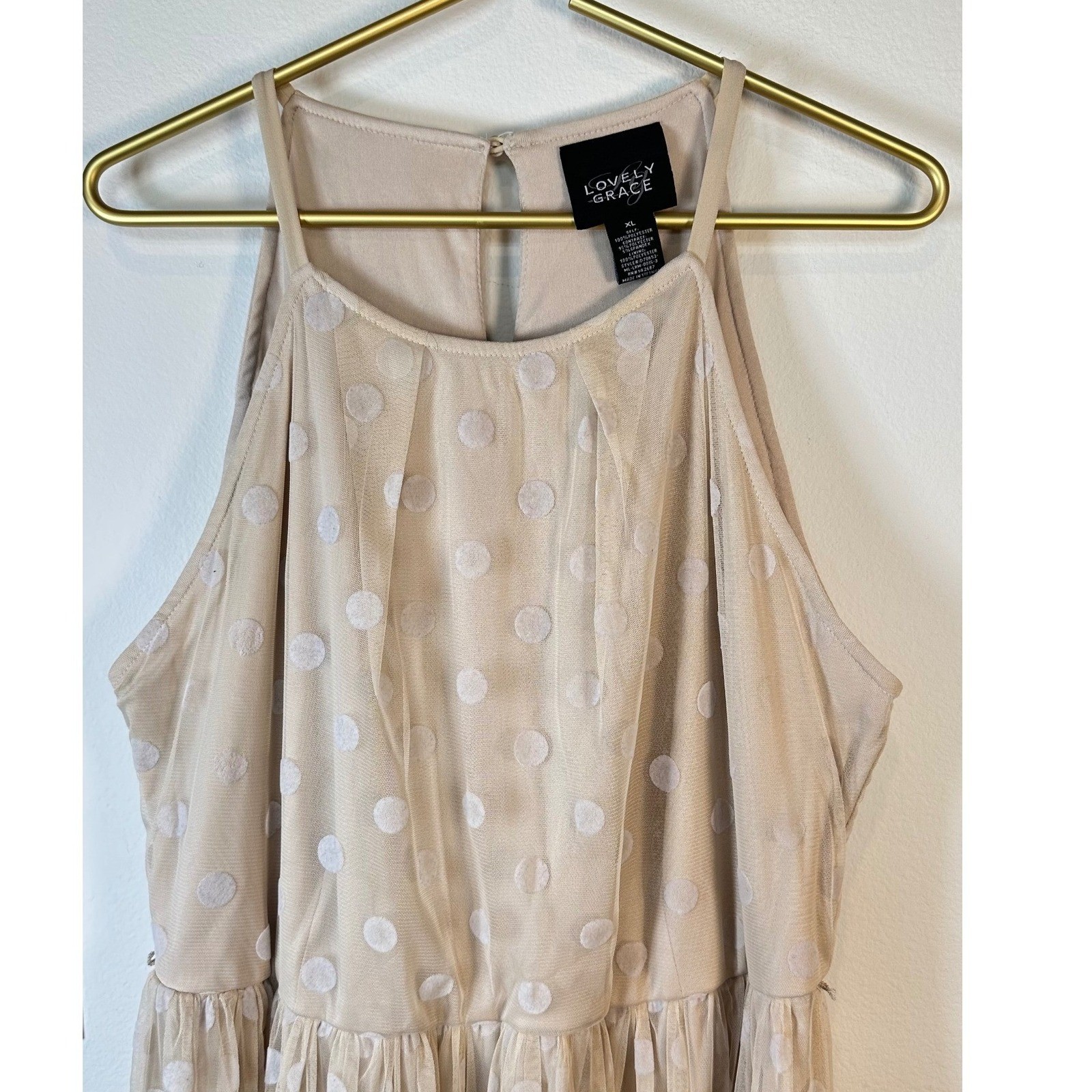 Lovely Grace Beige Polka Dot Maxi Ruffle Dress Women XL Ballet Tulle