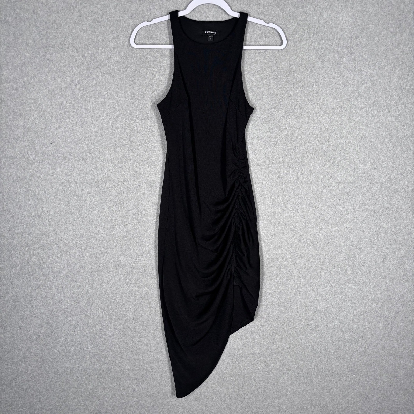 Express Ruched Asymmetric Dress XS Black Bodycon Mini to Midi Whimsigoth Stretch