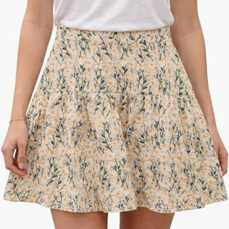 Avec Les Filles A-Line Beige w/ White & Yellow Embroriered Flowers Sz 12