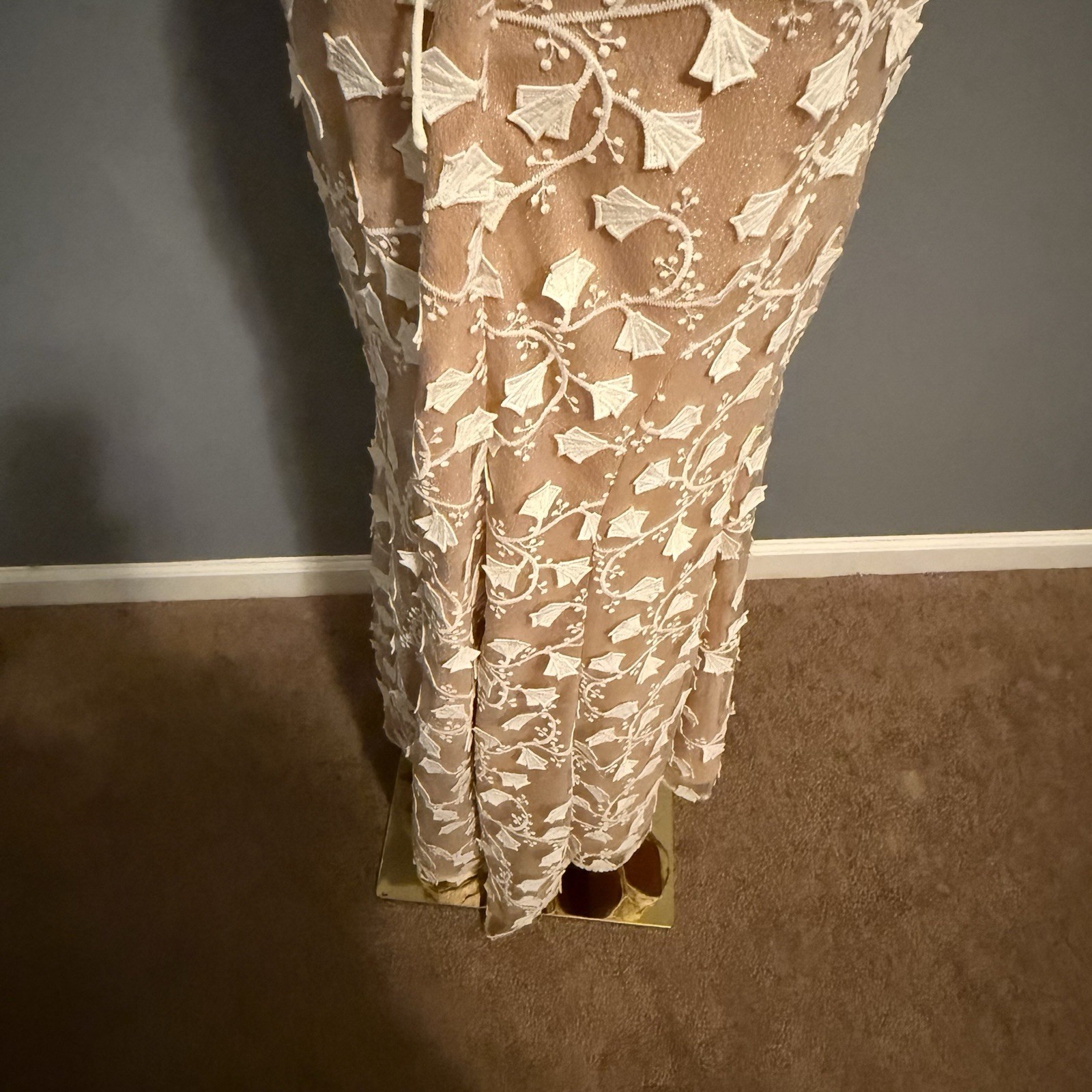 Jarlo Embroidered Mesh Maxi Dress 12 Petite Floral Aplique Nude Illusion Formal
