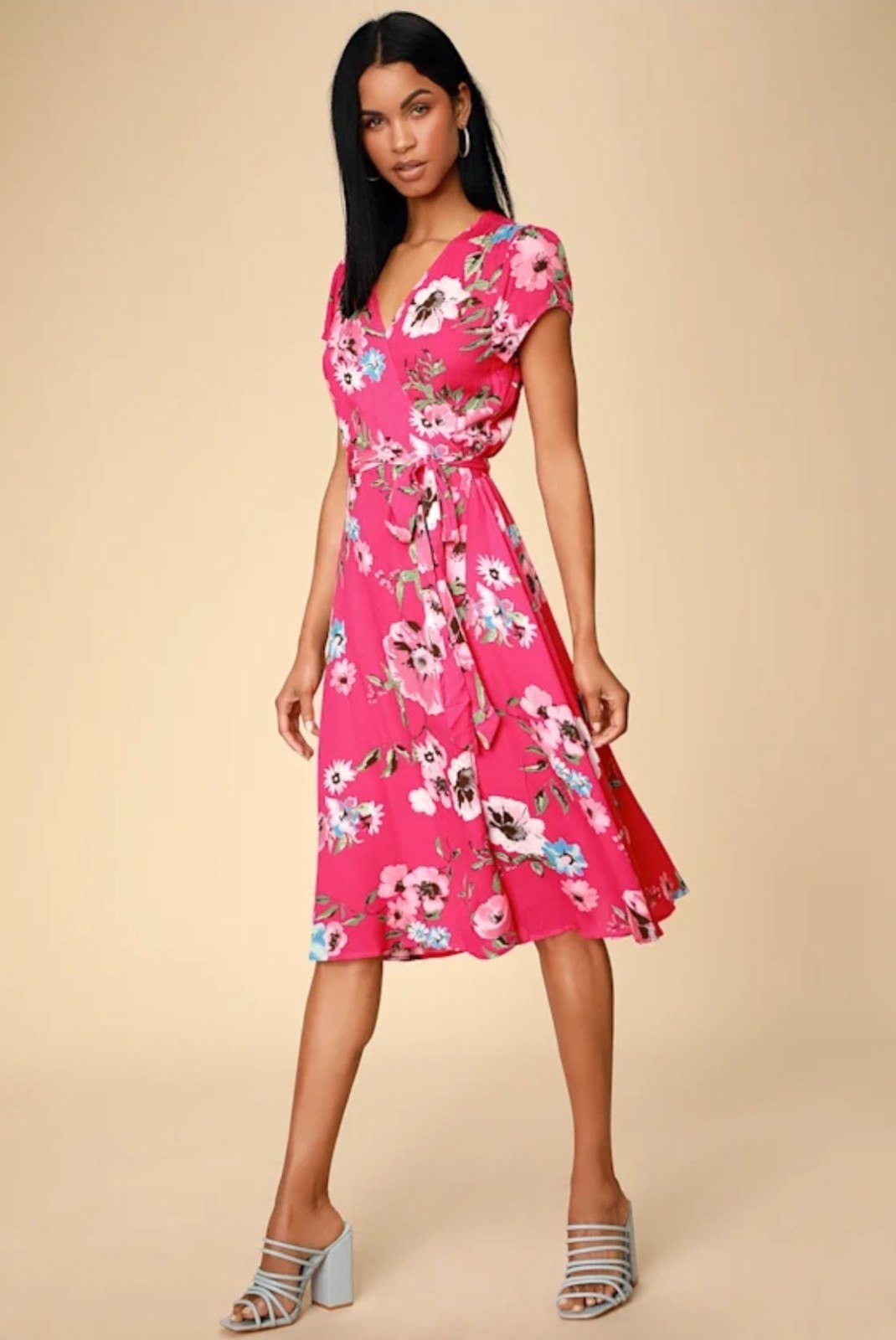 Lulus Wrap Midi Dress Pink Floral Womens L Lined Short Sleeve Boho NWOT