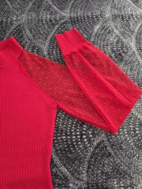 ALMOST FAMOUS Red Ribbed Knit Turtleneck Sheer Sleeve Bodycon Dress Size S