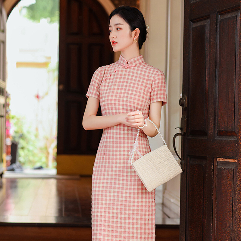 Chinese Traditional Cheongsam Check Midi Qipao Dress Oriental Gown Sweet