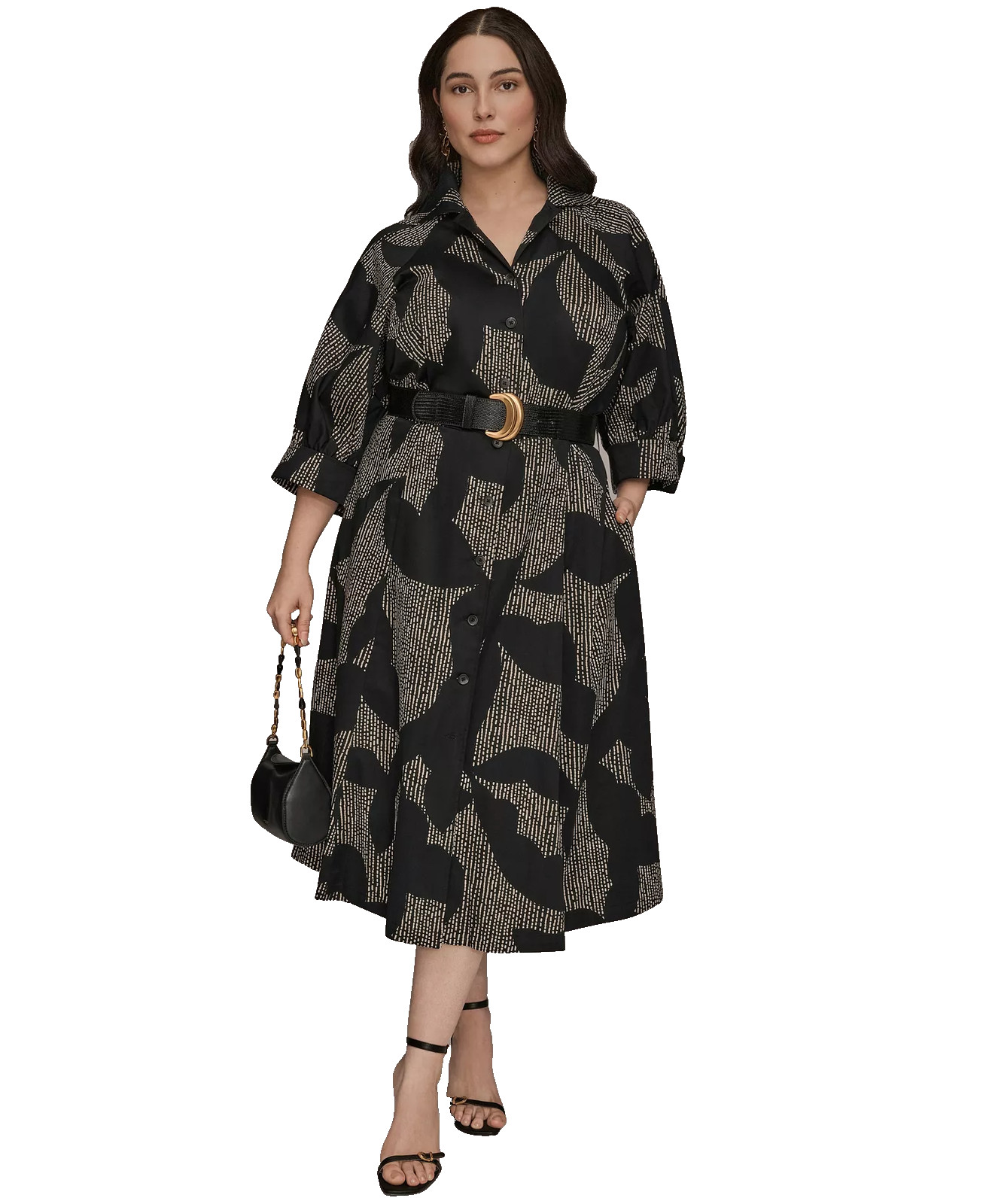 Donna Karan Plus Size Dress 16W Black Tan Belted Midi Button Front Shirtdress