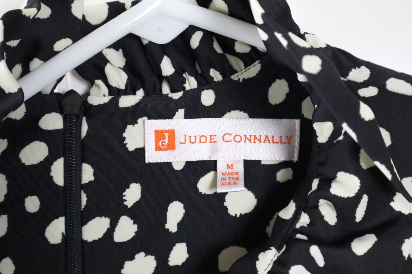 JUDE CONNALLY $168 Smooth Stretch Dalmatian Ruffle Neck Dress Size Medium