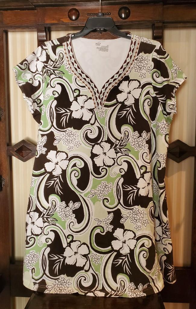 NWT CABERNET COTTON SPANDEX SHORT CAFTAN MUU PATIO HOUSE DRESS GRN/BROWN 2X