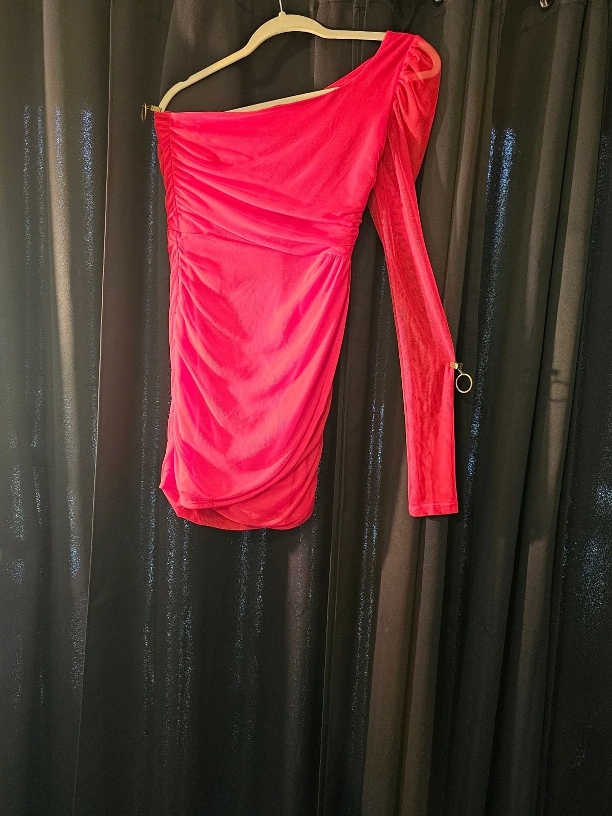 Lucy in the Sky Red Mesh One-Shoulder Ruched Mini Dress
