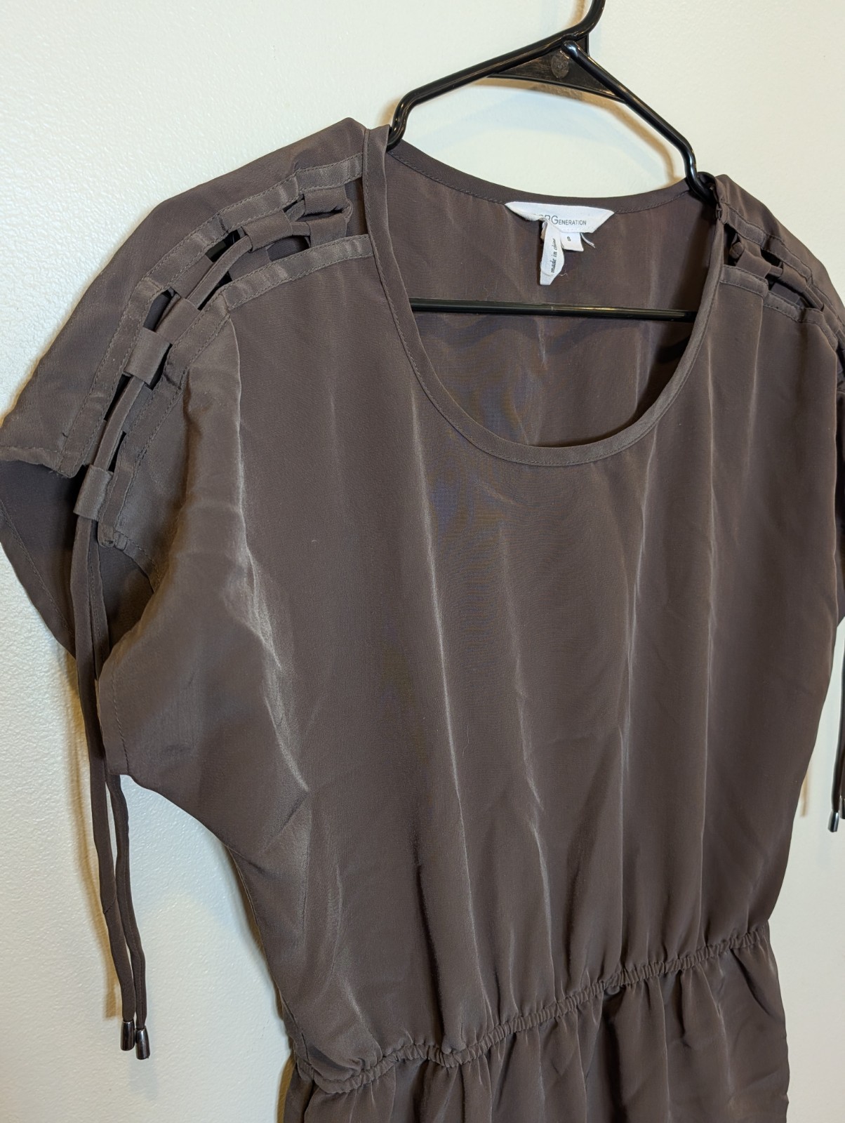 BCBGeneration Brown Solid Scoop Neck Elastic Waist Lace-Up Mini Dress S