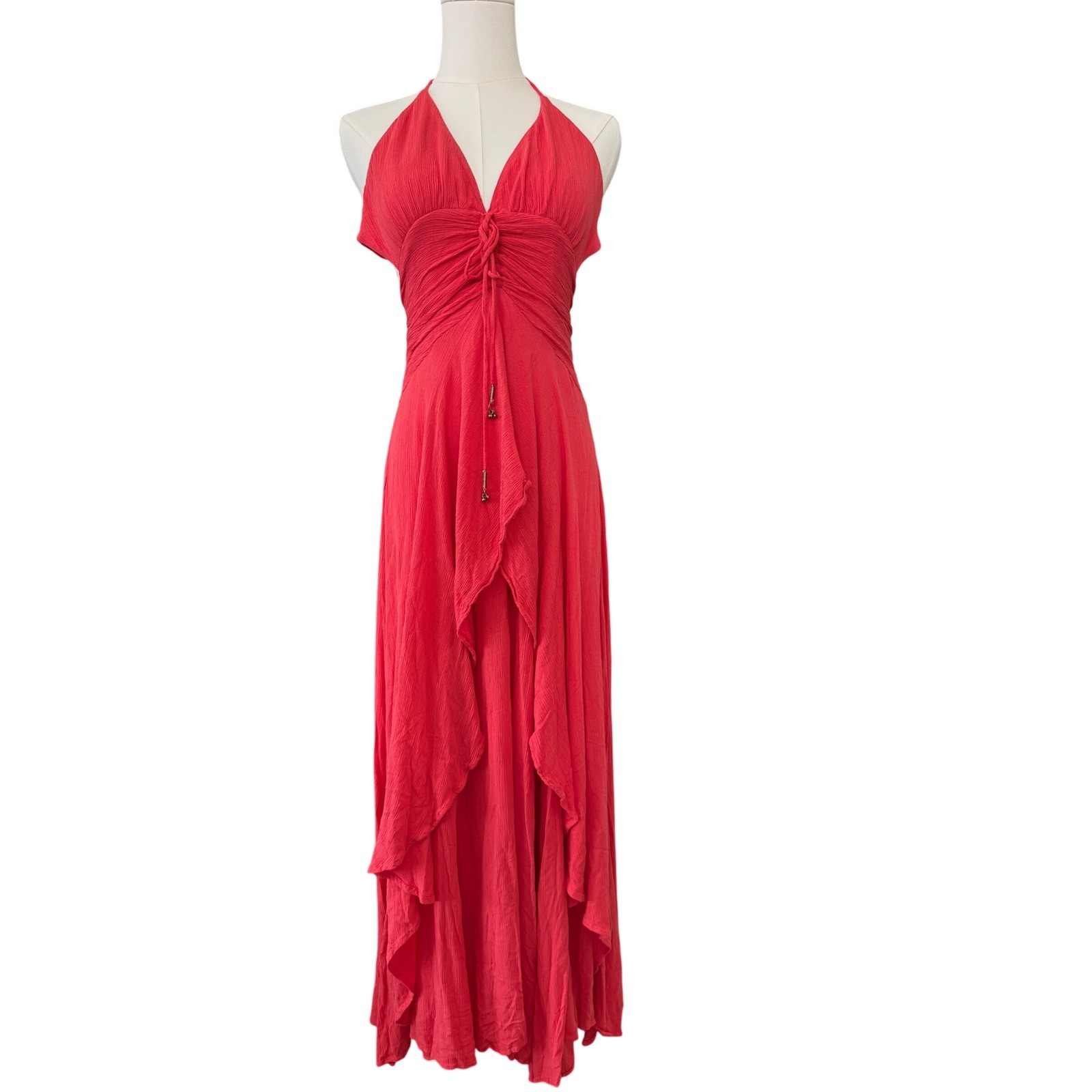 Free People Maxi Dress Women XS Coral Red Halter Tiered Boho