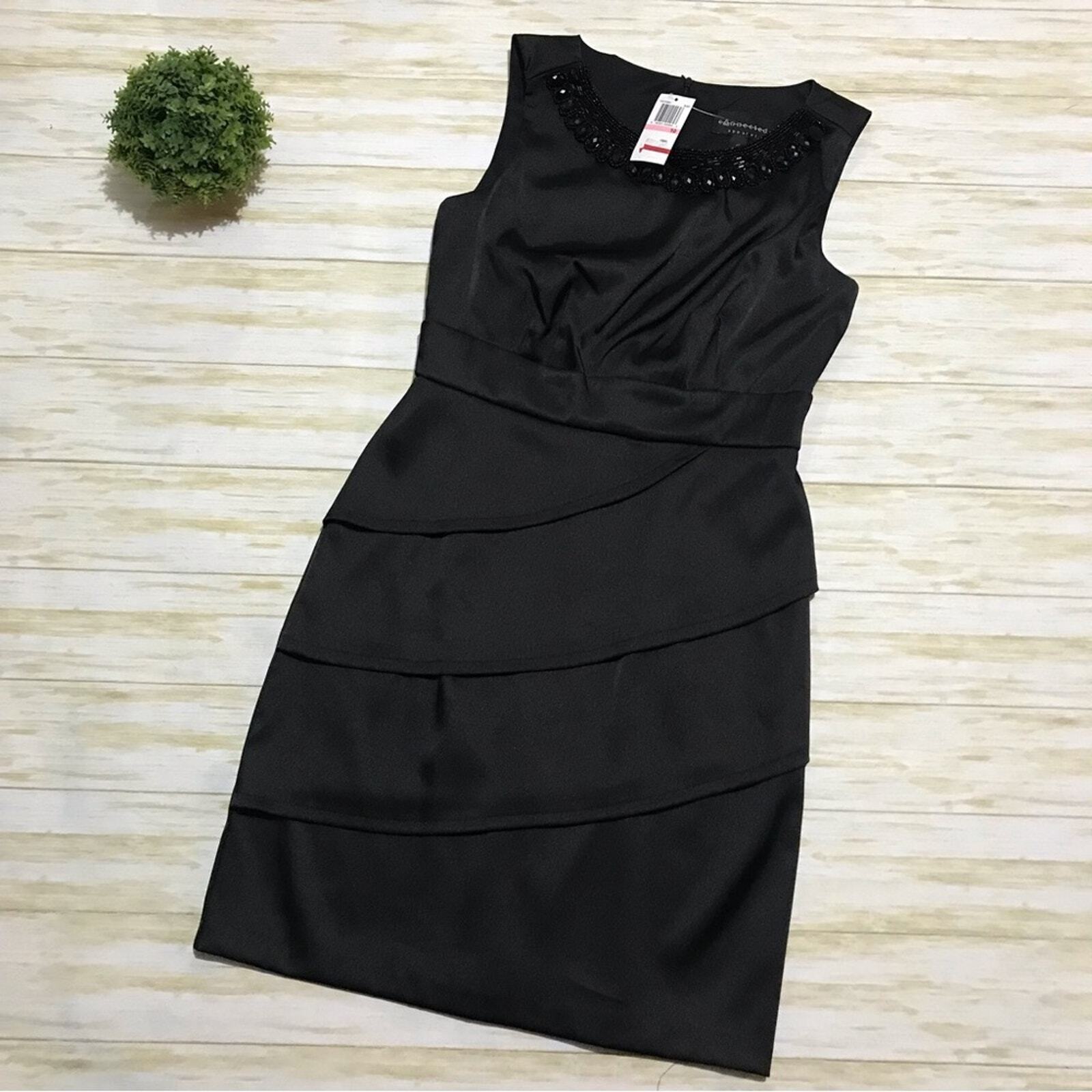 Connected Apparel NWT Black Satin Beaded Ruffle Formal Cocktail Evening Dress 10