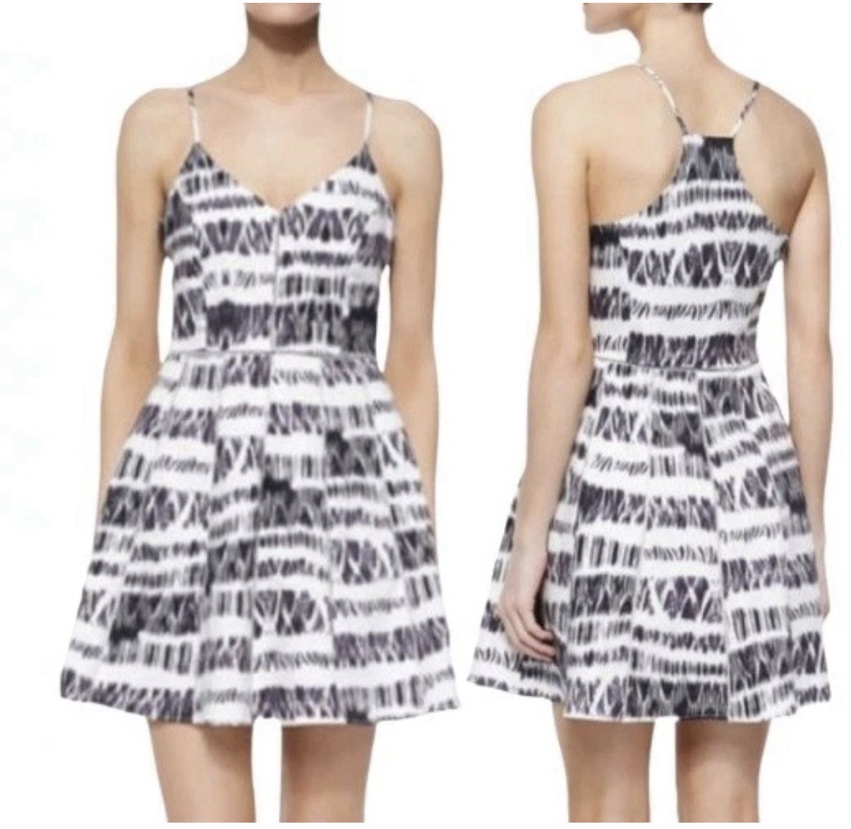 Parker Juliet Mini Dress XS Abstract Print Ivory Black Fit & Flare – Free Ship!