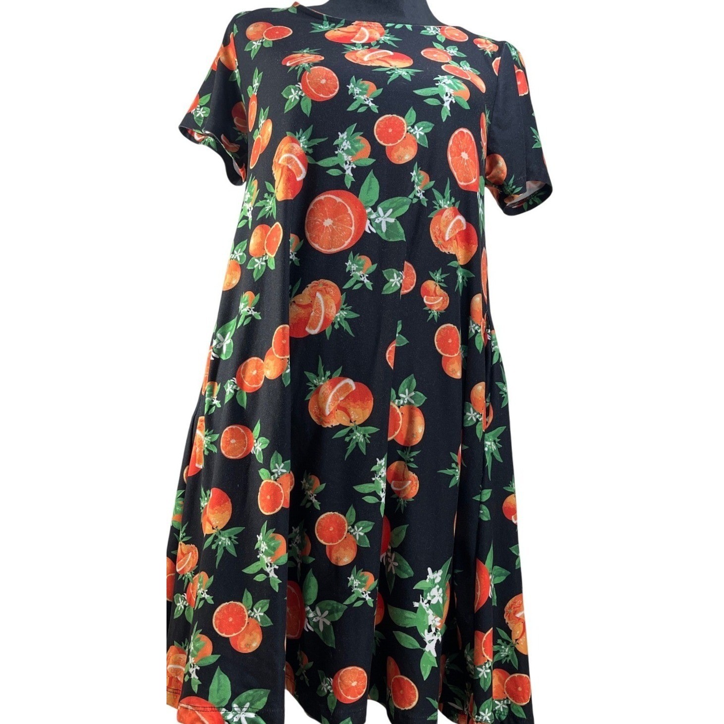 Yelete Orange Citrus Fruit Print Short Sleeve Swing T-Shirt Dress M foodie mod