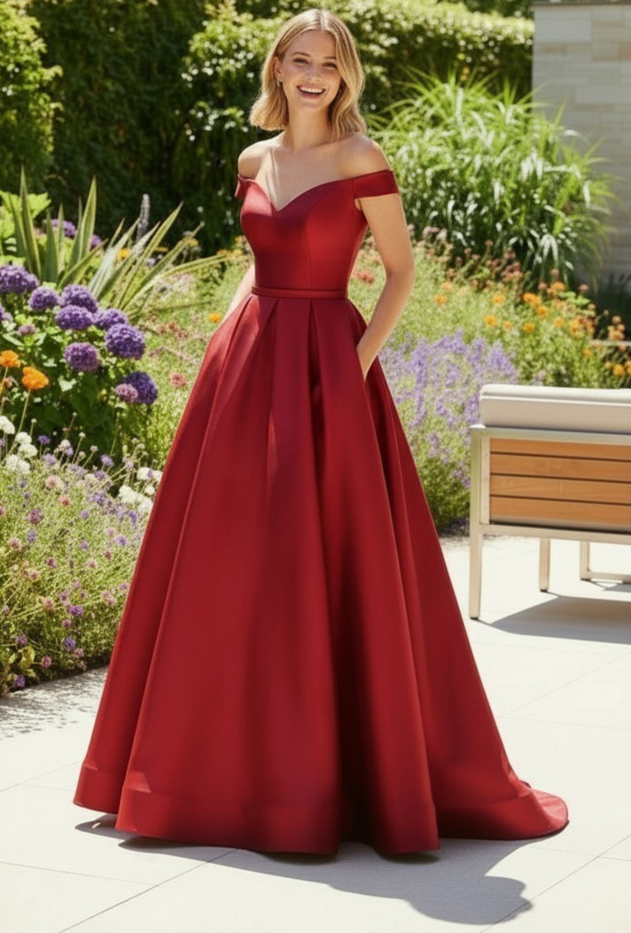 Red Pleated Dress Ball Gown Pockets Size 14 Off Shoulder Lace Up Holiday Dress
