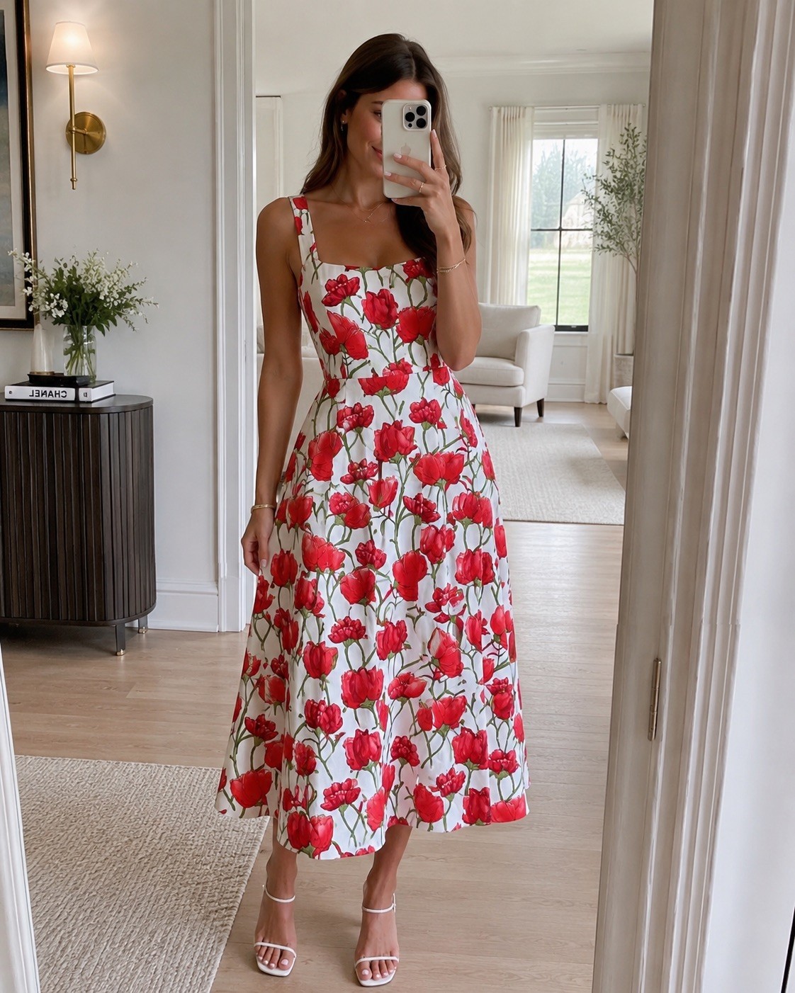 Milly Nia Red Peonia Poplin Square Neck Floral Midi Dress Size 8 NWT
