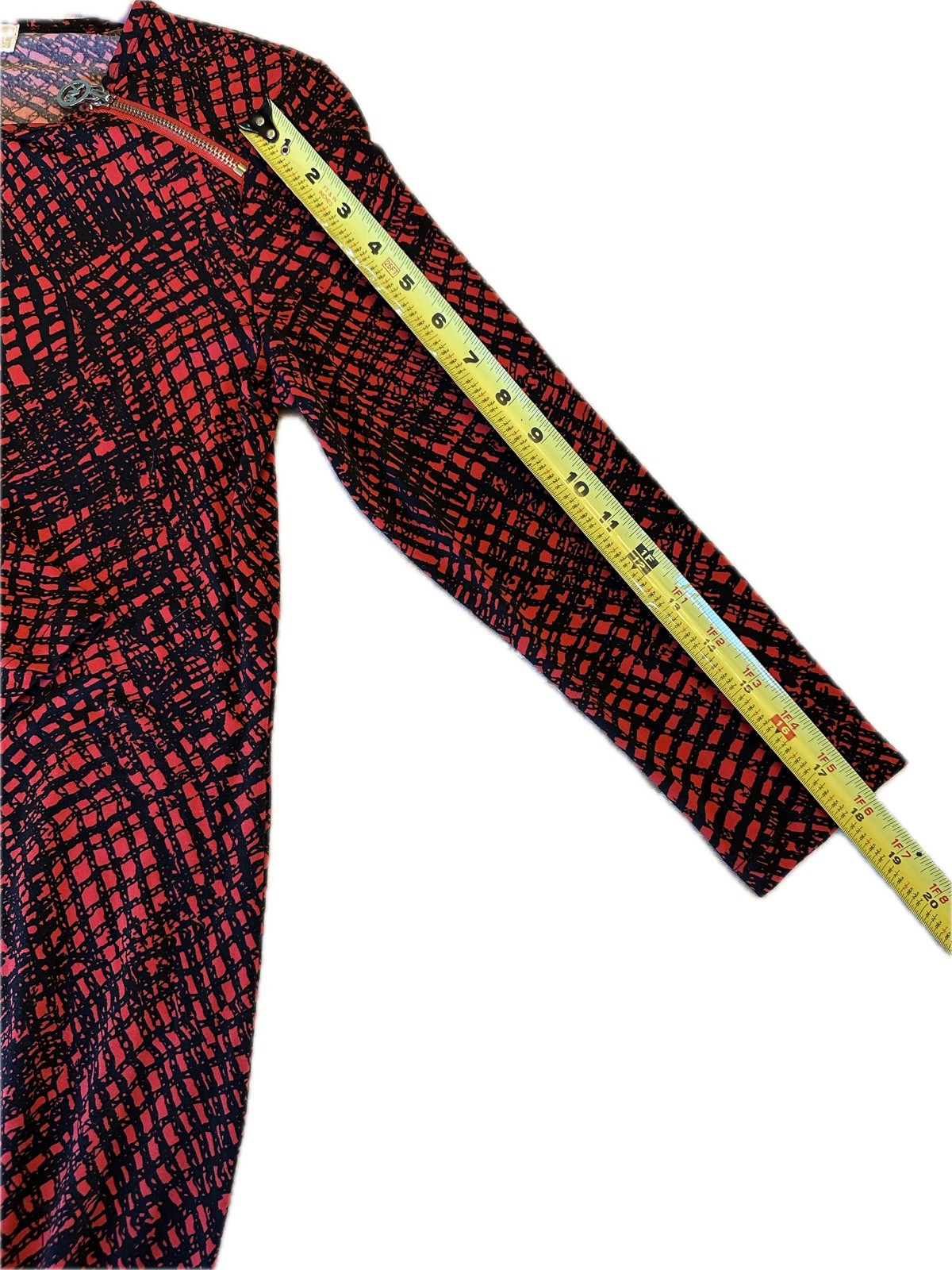 MICHAEL KORS RED PLAID GRID PRINT SLINKY LOGO ZIPPER SHOULDER SHIFT DRESS SZ S