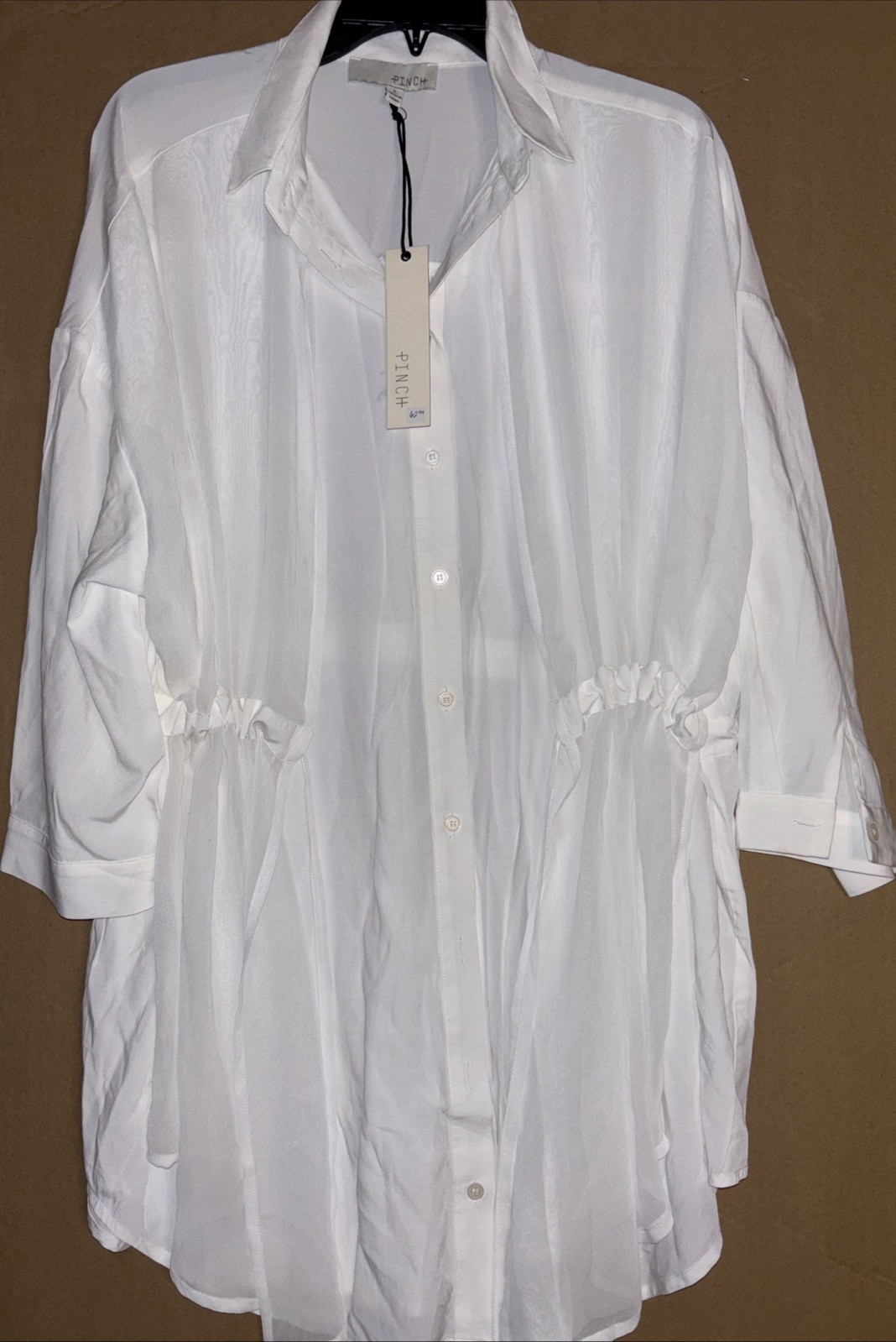 PINCH White Drawstring Waist Tunic Shirt Dress – Boho Beach Coverup – Size Large