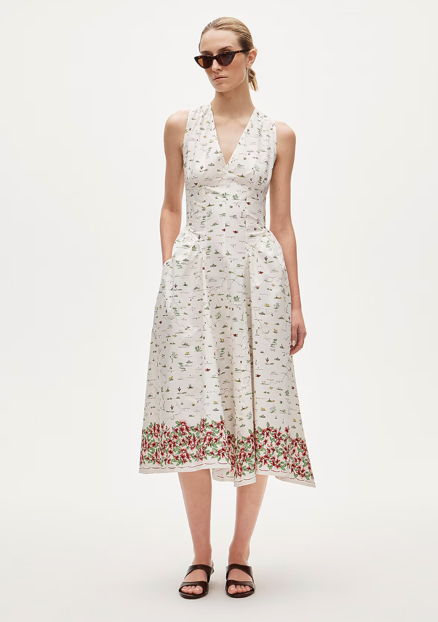 NWT J.CREW $228 Petite V-neck dress in map-print cotton poplin, Ivory, Sz 2P