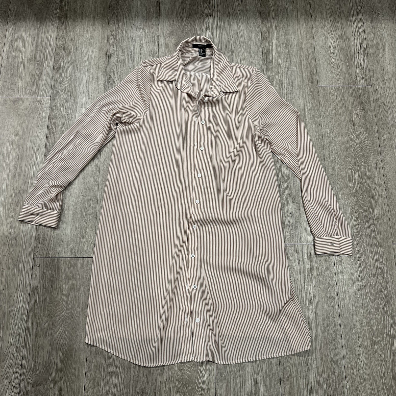 Forever 21 Brown and Beige Striped Long Sleeve Shirt Dress Women’s Size Small
