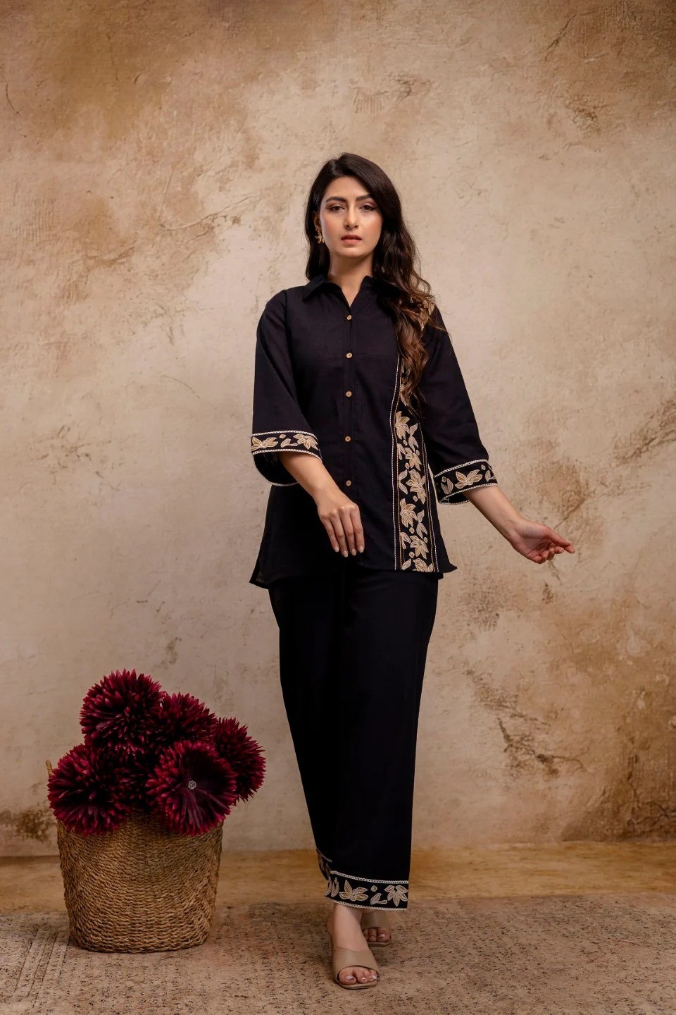 Women Black Cotton Flex Co-Ord Set Embroidered Top & Palazzo Pant