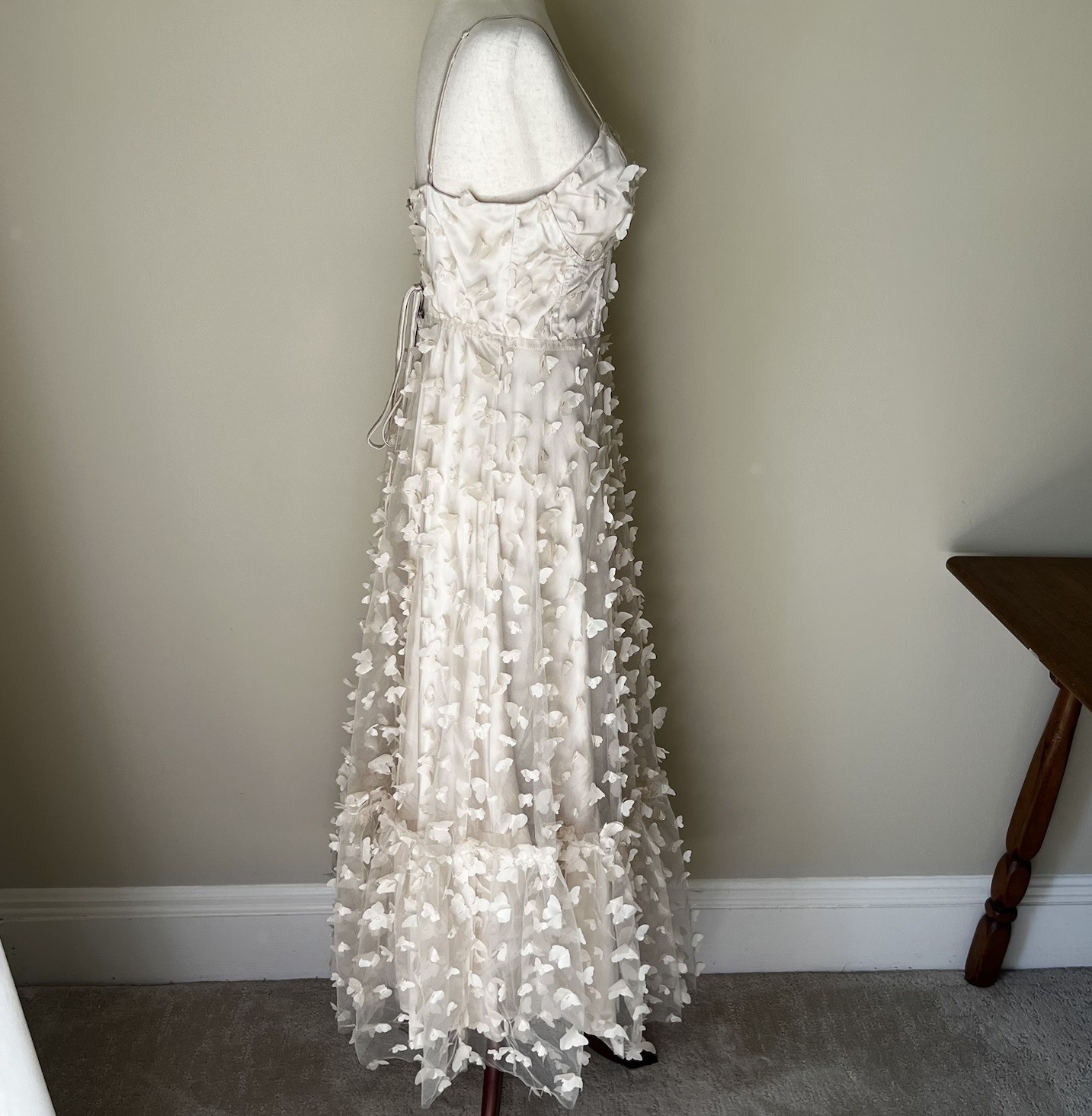 Butterfly Applique Lace Up Corset Midi Dress Cream Romantic Sz L Off White Tulle