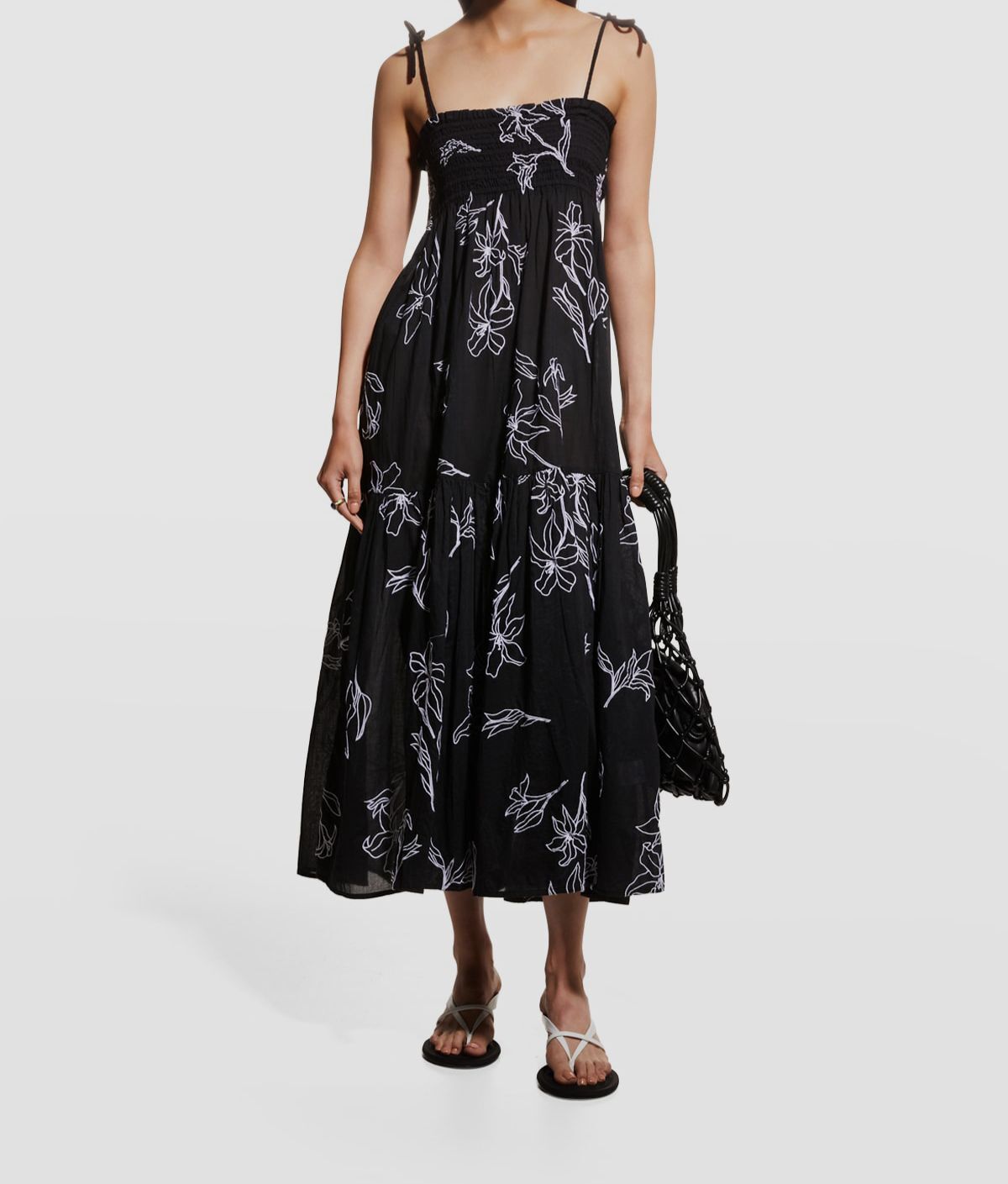 $295 Tanya Taylor Women’s Black Floral Squared Self-Tie Shoulder Dress Size M