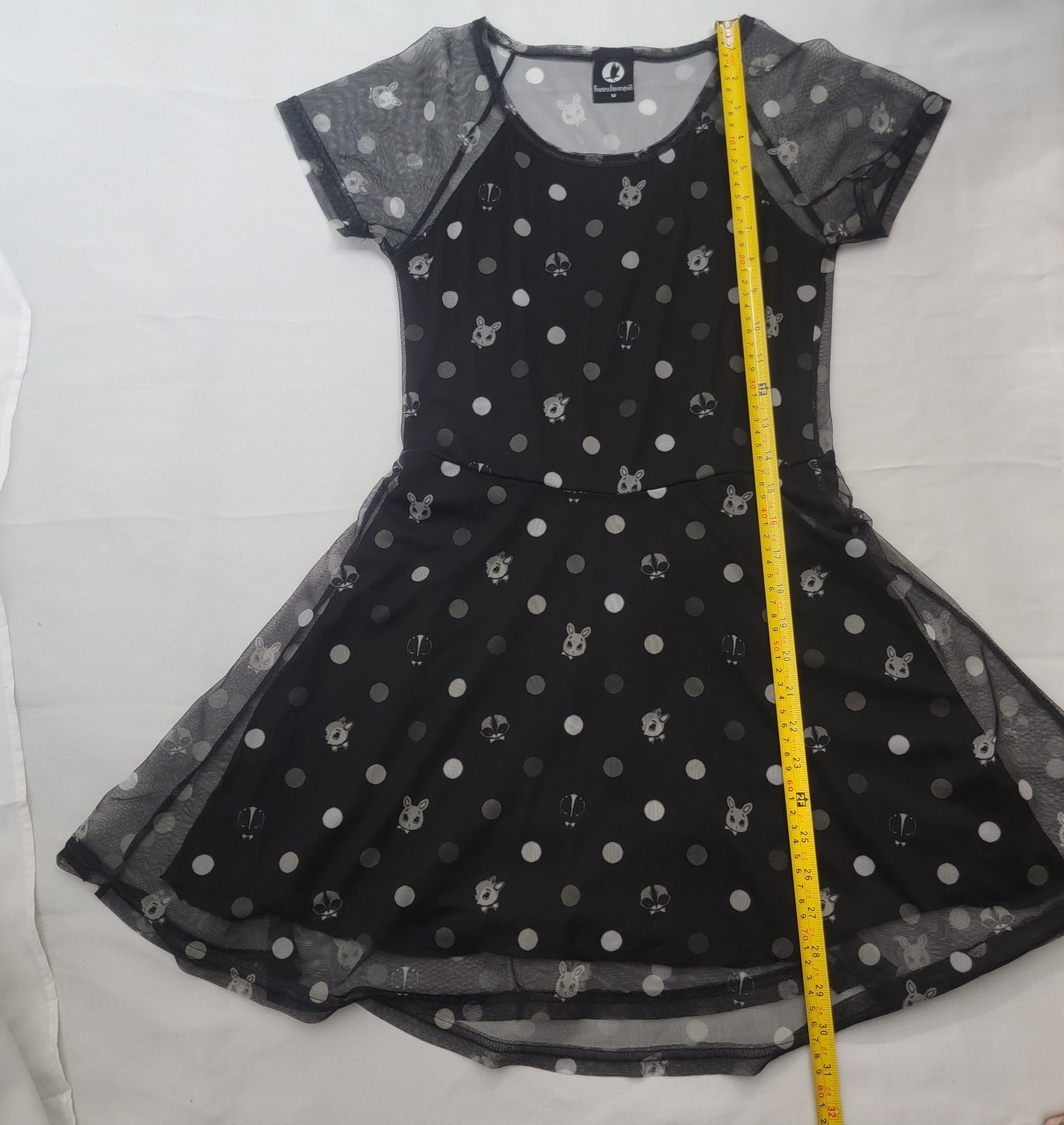 Fearless Illustration Dress Size Medium Black Bunny Animal Polka Dot Mesh EUC