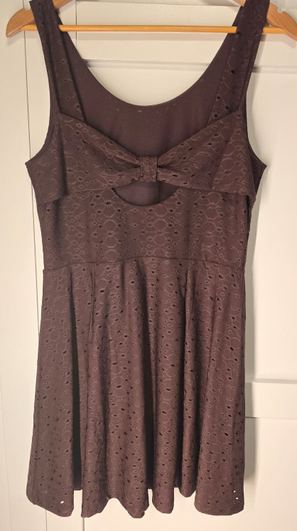 LOFT Womens Medium Brown Eyelet Fit Flare Dress Sleeveless Bow Cutout Lined